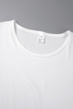 Camisetas brancas casuais estampadas patchwork com gola redonda e cintura média