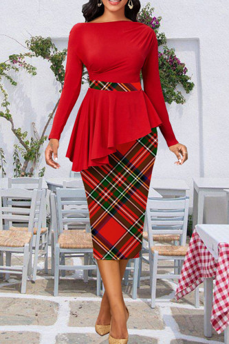 Vestidos de princesa vermelhos sexy xadrez patchwork com decote em O