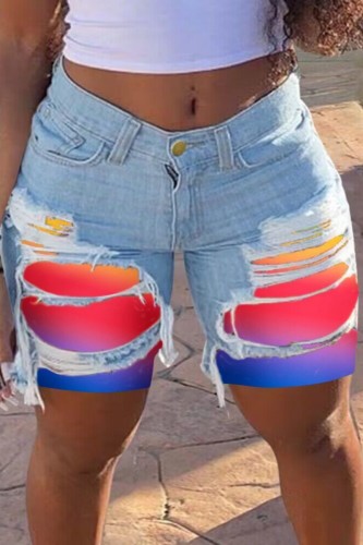 Multi-color Casual Patchwork Ripped Mid Waist Skinny Denim Shorts