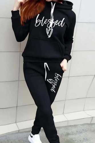 Black Casual Print Basic Hooded Collar Long Sleeve Two Pieces