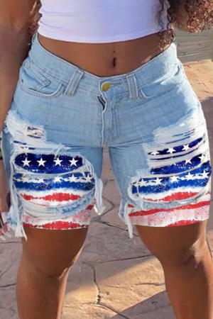 Red Blue Casual Patchwork Mid Waist Flag Star Print Skinny Ripped Denim Shorts
