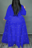 Koningsblauwe elegante patchwork gesp parel mesh kraag lange jurk plus maten jurken