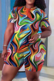 Multicolor Casual Print Basic O Neck Short Sleeve Two Pieces