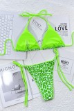 Флуоресцентно-зеленый сексуальный купальник с леопардовым принтом в стиле пэчворк и открытой спиной (с подкладками)
