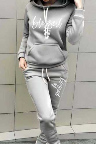Light Gray Casual Print Basic Hooded Collar Long Sleeve Two Pieces