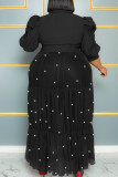 Negro Vintage Vendaje Patchwork Hebilla Perla Malla Cuello vuelto Una línea Vestidos de talla grande