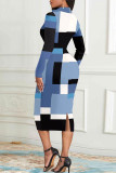 Blauwe elegante kleurenblok-patchwork split rits rits kraag kokerrok jurken