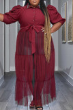 Gele elegante effen bandage patchwork gesp mesh kraag lange jurk plus size jurken