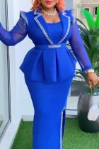 Blue Casual Formal Patchwork Slit Turndown Collar Long Dress Plus Size Dresses