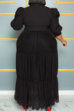 ブラック エレガント ソリッド 包帯 パッチワーク バックル メッシュ ターンダウンカラー ロングドレス プラスサイズ ドレス