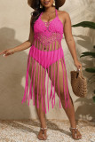 Black Sexy Solid Tassel Bandage Hollowed Out Backless Pleated Halter Plus Size Swimwear Cover-up