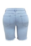 Pantaloncini di jeans skinny a vita media strappati patchwork casual ciano