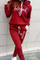 Red Casual Print Basic Hooded Collar Long Sleeve Two Pieces