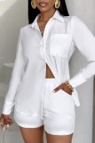 White Casual Solid Patchwork Shirt Collar Long Sleeve Two Pieces Blouse Tops And Shorts Sets