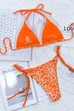 Orange Sexy Print Leopard Patchwork Frenulum Backless Swimwears (With Paddings)
