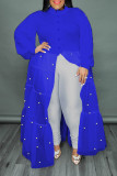 Royal Blue Elegant Patchwork Buckle Pearl Mesh Turndown Collar Long Dress Plus Size Dresses
