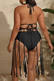White Sexy Solid Tassel Bandage Hollowed Out Backless Pleated Halter Plus Size Swimwear Cover-up