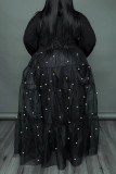 ブラック エレガント パッチワーク バックル パール メッシュ ターンダウン カラー ロング ドレス プラス サイズ ドレス