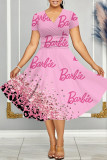 Abrikoos casual print patchwork jurk met V-hals en korte mouwen