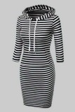 Black White Casual Solid Basic Hooded Collar Long Sleeve Dresses