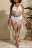 Green Sexy Solid Tassel Bandage Hollowed Out Backless Pleated Halter Plus Size Swimwear Cover-up