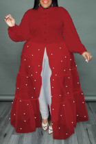Бордовое элегантное длинное платье в стиле пэчворк с пряжкой из жемчуга и отложным воротником Платья больших размеров