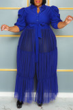 Blue Elegant Solid Bandage Patchwork Buckle Mesh Turndown Collar Long Dress Plus Size Dresses