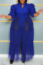 Blauwe elegante effen bandage patchwork gesp mesh kraag lange jurk plus size jurken