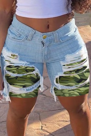 Army Green Casual Patchwork Mid Waist Flag Star Print Skinny Ripped Denim Shorts