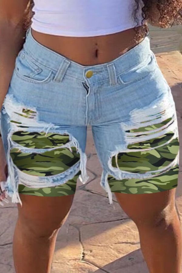 Legergroene casual skinny denim shorts met gescheurde middentaille en patchwork