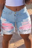 Red Blue Casual Patchwork Mid Waist Flag Star Print Skinny Ripped Denim Shorts