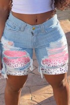 Pink Casual Patchwork Mid Waist Skinny Ripped Denim Shorts