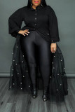 Zwarte elegante patchwork gesp parel mesh kraag lange jurk plus size jurken