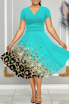 Cyaan casual print patchwork jurk met V-hals en korte mouwen