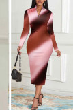 Steenrode elegante kleurblok-patchwork split-rits rits-kraag kokerrok-jurken