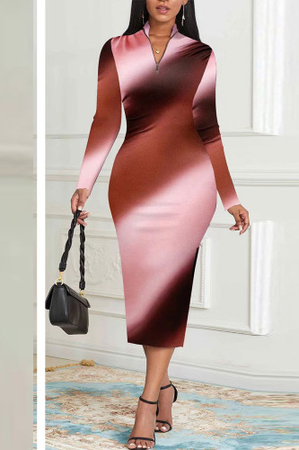 Brick Red Elegant Color Block Patchwork Slit Zipper Zipper Collar Pencil Skirt Dresses