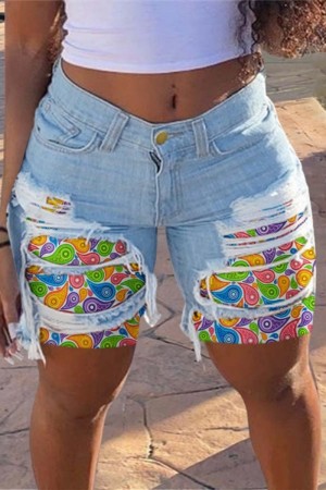 Colour Casual Patchwork Mid Waist Flag Star Print Skinny Ripped Denim Shorts