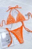 Orange Sexy Print Leopard Patchwork Frenulum Backless Swimwears (With Paddings)
