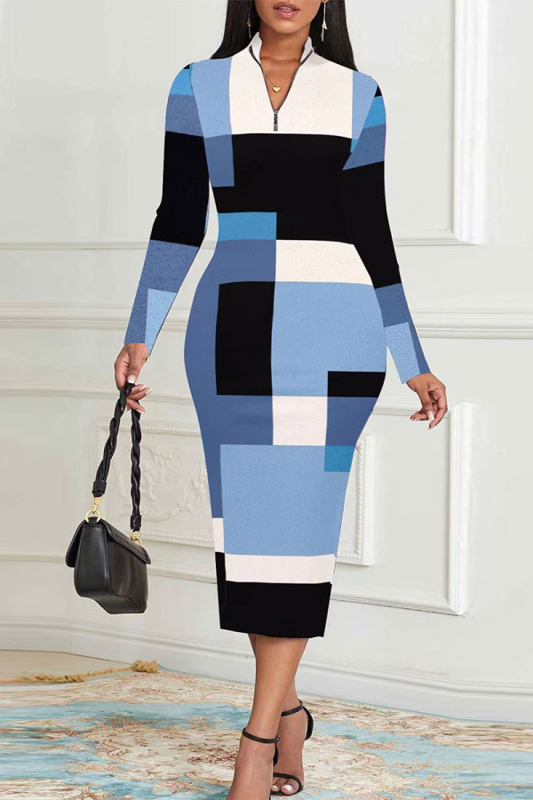 Blauwe elegante kleurenblok-patchwork split rits rits kraag kokerrok jurken