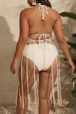 Apricot Sexy Solid Tassel Bandage Hollowed Out Backless Pleated Halter Plus Size Swimwear Cover-up