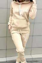 Cream White Casual Print Basic Hooded Collar Long Sleeve Two Pieces