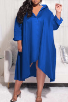 Синее повседневное однотонное платье-рубашка в стиле пэчворк с отложным воротником и пряжкой Платья больших размеров