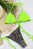 Green Sexy Print Leopard Patchwork Frenulum Backless Swimwears (With Paddings)