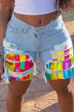 Colour Casual Patchwork Mid Waist Skinny Ripped Denim Shorts