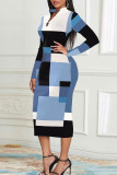 Blue Elegant Color Block Patchwork Slit Zipper Zipper Collar Pencil Skirt Dresses