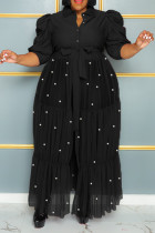 Negro Vintage Vendaje Patchwork Hebilla Perla Malla Cuello vuelto Una línea Vestidos de talla grande