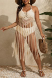 Black Sexy Solid Tassel Bandage Hollowed Out Backless Pleated Halter Plus Size Swimwear Cover-up