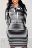 ブラック ホワイト カジュアル ソリッド ベーシック フード付きカラー 長袖 ドレス