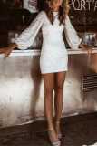 White Casual Solid Sequins Patchwork O Neck Long Sleeve Dresses