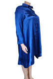 Azul Casual Sólido Patchwork Hebilla Cuello vuelto Vestido camisero Vestidos de talla grande